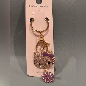 BAG CHARM Glittering Cat Face Hello Kitty Purple Bow and Flower charm Keychain